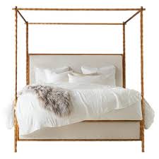 Wood beds give off a natural and authentic feel. Marilyn Modern Classic Gold Leaf White Linen Upholstered Wood Canopy Bed Queen Queen Kathy Kuo Home