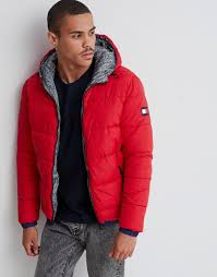 Tommy Hilfiger Reversible Hooded Down Puffer Jacket In Red All Over Print Red Modesens Puffer Jacket Outfit Red Puffer Jacket Casual Wear For Men