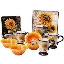 This retro kitchen apron features a large print of sunflowers on a deep blue background with matching pocket. Robot Check Sunflower Home Decor Sunflower Decor Dinnerware Set