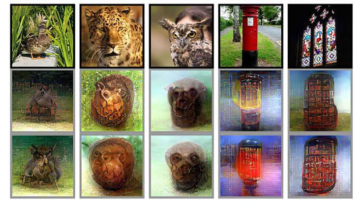 Reconstructies van fMRI-data via AI (bovenste rij toont het originele beeld, de rijen daaronder tonen de AI-reconstructies)., AI-gegenereerd