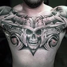Guys Warrior Skull Helmet Upper Chest Tattoos Cool Chest Tattoos Chest Tattoo Tattoo Designs Men