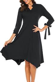 Black 3 4 Sleeve Dress With Pockets Pasttry Women S Solid Asymmetrical Hem 3 4 Tie Sleeve V Neck A Line Loose Swing Midi Dress With Pockets Dresses Black Dress Outfits Fashion