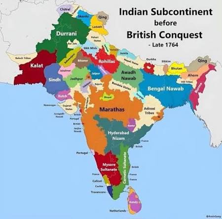 🌿🌴Map of India just before British Colonialism 1764 ..🤔