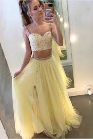 Pale Yellow Two Pieces Prom Dress With Split Skirt Prom Dresses Yellow Backless Prom Dresses Two Piece Evening Dresses