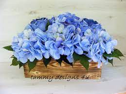Blue Hydrangea Centerpiece Rustic Planter Box Burnt Wooden Box Centerpiece Hydran Blue Flower Arrangements Hydrangea Centerpiece Blue Hydrangea Centerpieces