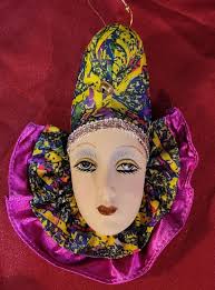 Mardi Gras Jester Pierrot Face wall art or Ornament, bisque finish  Porcelain, with Bell (J)