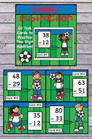 Each sheet consists of a set of 5 or 6 mixed addition and subtraction word problems with numbers up to 20. Practice Your Two Digit Subtraction Skills With These Soccer Themed Task Cards 20 Task Cards To Give Your K Subtraction Task Cards Task Cards Math Task Cards