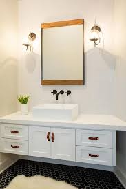 Maybe you would like to learn more about one of these? Floating Washstand With Leather Pulls Over Black Hex Floors Transitional Bathroom