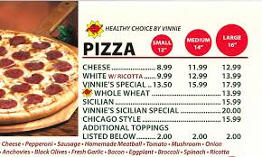 Vinnies Pizza Pasta Menu