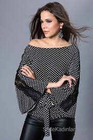 2019 kayik yaka bluz modelleri siyah uzun kollu dantel detayli puantiyeli kiyafet kombinleri ust bluz bluz modelleri