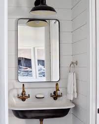 Love This Black Trough Sink With Aged Brass Faucets And Shiplap Walls Small Bathroom Sinks Farmhouse Bathroom Sink Modern Farmhouse Bathroom