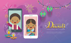 Red blue diya decorated diwali card. Diwali Or Deepavali Greeting Card Cartoon Indian People Making Video Call With Friend Or Family Via Smartphone Online Celebration Holiday Concept Festival Of Lights Flat Vector Illustration Royalty Free Cliparts Vectors And