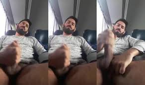 Handsome bearded man cums on the bus