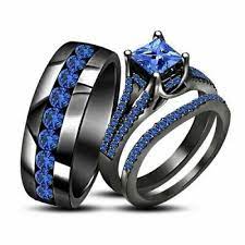 14k Black Gold Finish Blue Sapphire His And Her Engagement Wedding Trio Ring Set By Silv Sapphire Engagement Ring Blue Wedding Ring Trio Sets Wedding Ring Trio