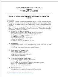 Bacaan 1, tanggapan, bacaan 2, injil, tema perayaan liturgi. Liturgi Ibadah Minggu Keluarga Paskah 1
