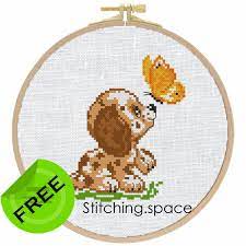 Free counted cross stitch patterns are easy to save and print out for use in creating lovely home decorations and gifts. The Free Printable Small And Easy Cross Stitch Pattern With Pretty Dog Butterfly In Modern Style Stitchy