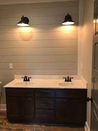 Diy your own inexpensive shiplap kitchen backsplash! Upstairs Bath Vanity With Shiplap Wall Sw Repose Gray Lights Were 30ish Outdoor Li Modern Bathroom Light Fixtures Bathroom Organization Diy Shiplap Bathroom