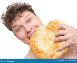 Mężczyzna Je Chleb Na Białym Tle Zdjęcie Stock