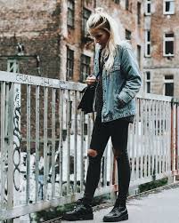 Blue Denim Jacket Over All Black Girls Ripped Jeans Fashion Ripped Jeans Outfit
