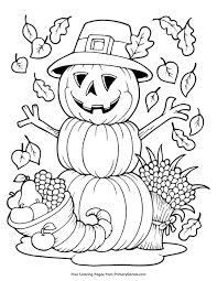 You don't have to make your scarecrow look like a real straw. Pumpkin Scarecrow And Cornucopia Coloring Page Free Printable Pdf From Primarygames