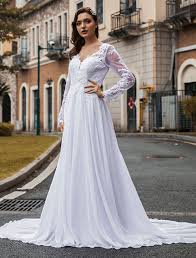 Juni 2021 im kensington palast für die öffentlichkeit zugänglich ist. A Line Brautkleid Lange Armel Spitze Applique Buttons Zuruck V Ausschnitt Chiffon Hochzeitskleid Witn Zug Milanoo Com