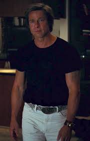 The actor touched down in paris on tuesday morning looking mighty fine in a pair of ripped jeans with a white thermal shirt and a dark jacket. Once Upon A Time In Hollywood Brad Pitt In Black And White Bamf Style