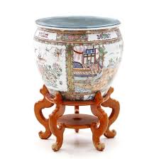 Vtg chinese porcelain koi fish bowl jardiniere planter pot satsuma style. Lot Art Chinese Rose Medallion Porcelain Fish Bowl Planter With Glass Top And Stand