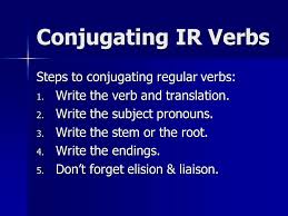 * indicates verb has irregular conjugations. Conjugating Ir Verbs Steps To Conjugating Regular Verbs 1 Write The Verb And Translation 2 Write The Subject Pronouns 3 Write The Stem Or The Root Ppt Download