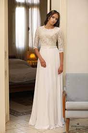 Modest Wedding Gown With 3 4 Sleeves Beaded Lace Bodice And Chiffon Flowy Skirt Zoia S Modest Wedding Gowns Modest Wedding Dresses Wedding Gown Lace Sleeves