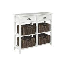 Wooden Console Sofa Table With Four Woven Storage Baskets White And Brown By Casagear Home Woven Baskets Storage Sofa Table Wooden Console Table