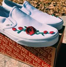 Black And White Slip Ons Vans White Vans Slip On Red Rose Embroidered Patch Custom Shoes Handmade Vans Preto