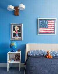 Modern boys bedroom with two tone bunk beds and blue. Blue Boys Bedroom With Curved Gray Headboard Transitional Boy S Room