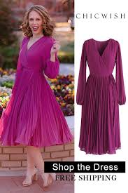 Magenta V Neck Wrap Pleated Chiffon Dress In 2020 Long Sleeve Chiffon Dress Dresses Chiffon Dress