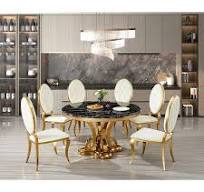 Luxo exclusivo conjunto de mesa de jantar grande redondo em mármore natural  para cozinha, 6 ou 8 lugares, em aço inoxidável, perna dourada, sala de ...