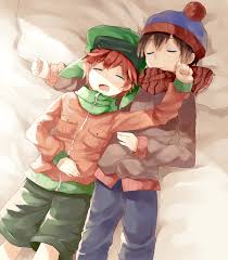 kinakomotitaberu, kyle broflovski, stan marsh, south park, commentary  request, highres, 2boys, animification, beanie, black hair, child, closed  eyes, coat, couple, denim, from above, green scarf, green shorts, hand on  another's cheek, hand