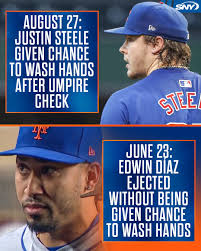 During yesterday's Cubs-Pirates game, Chicago SP Justin Steele was given  the chance to wash his hands after umpires felt his hands were too sticky.  Two months ago, with Edwin Díaz