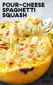 This Four Cheese Spaghetti Squash Healthy Comfort Food Recipe Recipes Four Cheese Spaghetti Squash Cheese Spaghetti