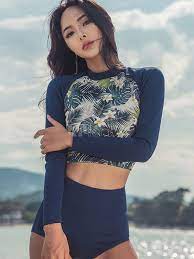 Two Piece Swimwear Long Sleeve Crewneck Knotted Leaf Print Backless Deep Blue Bathing Suits For Women Crew Long Sleeve Swimwear Long Sleeve Swimsuit Swimsuits