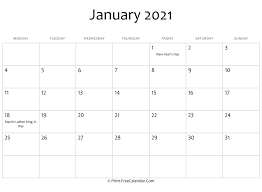 January 2021 editable calendar with holidays. January 2021 Editable Calendar With Holidays