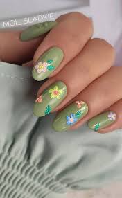 The Prettiest Summer Nail Designs We Ve Saved Mixed Colourful Flowers On Green Nails