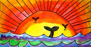 Students Review Warm And Cool Colors Demonstrate How To Draw A Sunset Start With A Wavy Horiz Colorful Art Projects Color Art Lessons Elementary Art Projects