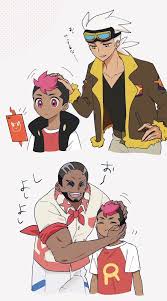 Rule 34 Dev - 3boys belt black_hair black_shirt brown_jacket buttons  closed_eyes closed_mouth collarbone comic commentary_request  dark-skinned_male dark_skin friede_(pokemon) gen_4_pokemon goggles  goggles_on_head headpat highres jacket looking_down ...