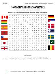 El nombre de 55 países y nacionalidades en español. Ficha Sopadeletras Nacionalidades