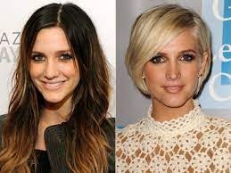 Long Brunette Vs Blonde Short Bob Good Before And After Example Of How Different Lengths And Colors C Beauty Hair Color Brunette To Blonde Long Vs Short Hair