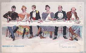 Players take turns reading a question card aloud and then vote. French Dinner Party Feet Games Shoes Antique Comic Postcard