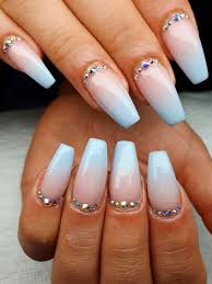 This long, tapered shape with a flat top — a.k.a. Cute Baby Blue Ombre Acrylic Nails With Rhinestones Baby Blue Acrylic Nails Purple Acrylic Nails Ombre Acrylic Nails