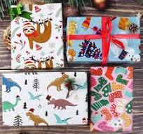 CAMKUZON Christmas Wrapping Paper for Kids Boys Girls Baby Women Men - 12 Sheets Xmas Gift Wrap 4 Cartoon Designs Dinosaur, Sloths, Snowmen, Socks - ...