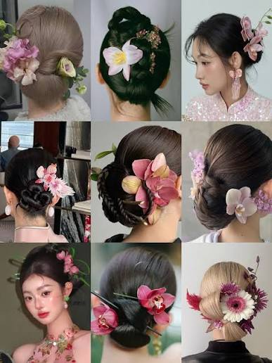 Một số mẫu tóc Edini sưu tầm được phù hợp với áo dài, áo yếm, đồ lụa ...khi kết hợp cùng hoa cài. Văn hoá hoa cài tóc là một nét đẹp