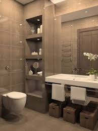 Warm it up with rich neutrals like a deep taupe, almost brown, wall color and wood plank floors. 50 Banos Pequenos Geniales Relaxing Bathroom Bathroom Interior Design Modern Bathroom Design