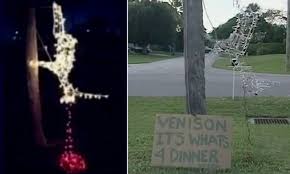 Upsidedown and upside_down (learn more). A Ho Ho Horror Show Sheriff S Deputy Hangs Reindeer Upside Down In His Yard With Red Lights Simulating Slit Throat And Blood Daily Mail Online